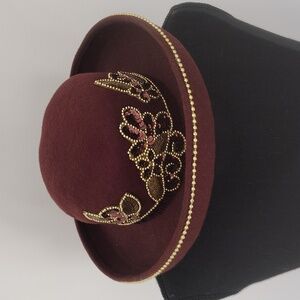 Vintage Deborah of New York Ladies Wool Hat Beaded Flowers Brown